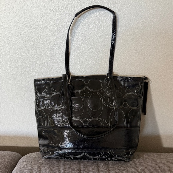 Coach Black Stitched Patent Leather Purse, Double Strap - Picture 4 of 14